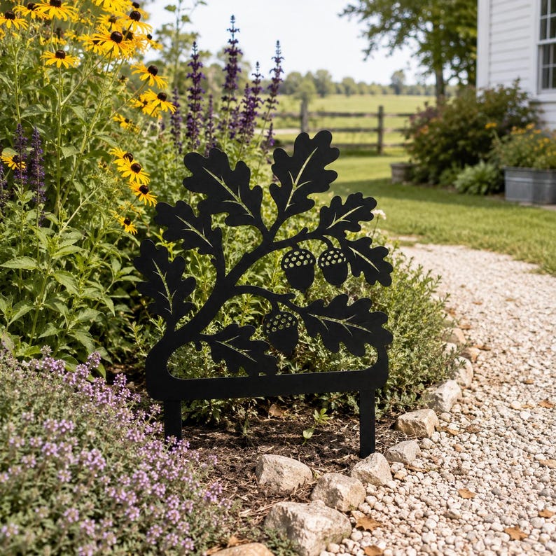 Pieu de jardin feuille de chêne, décoration de pelouse en métal noir, piquet de branche de gland