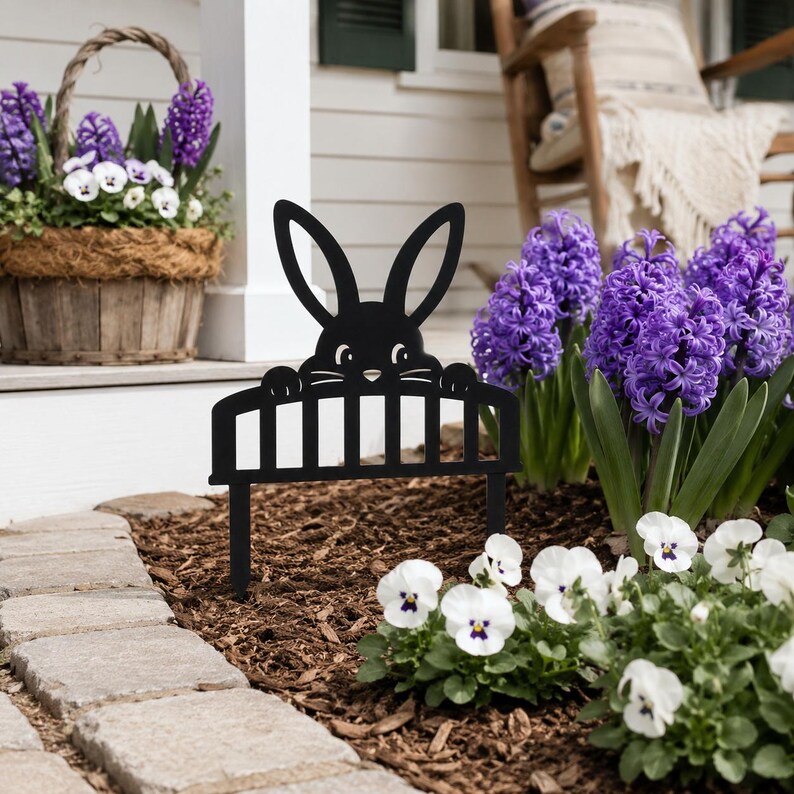 Pieu de jardin lapin, décoration de pelouse métallique pour parterre de fleurs, extérieur printemps, lapin regardant par-dessus une clôture