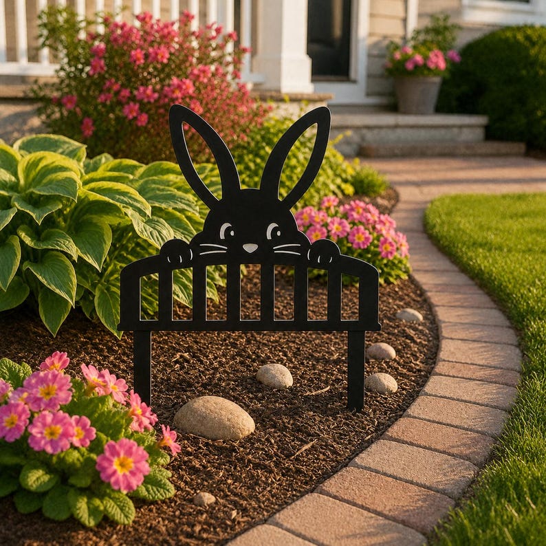 Pieu de jardin lapin, décoration de pelouse métallique pour parterre de fleurs, extérieur printemps, lapin regardant par-dessus une clôture