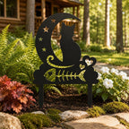 Pieu de jardin en métal noir avec chat sur croissant de lune, décoration de pelouse fantaisiste, extérieur