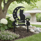 Pieu de jardin en métal noir avec chat sur croissant de lune, décoration de pelouse fantaisiste, extérieur
