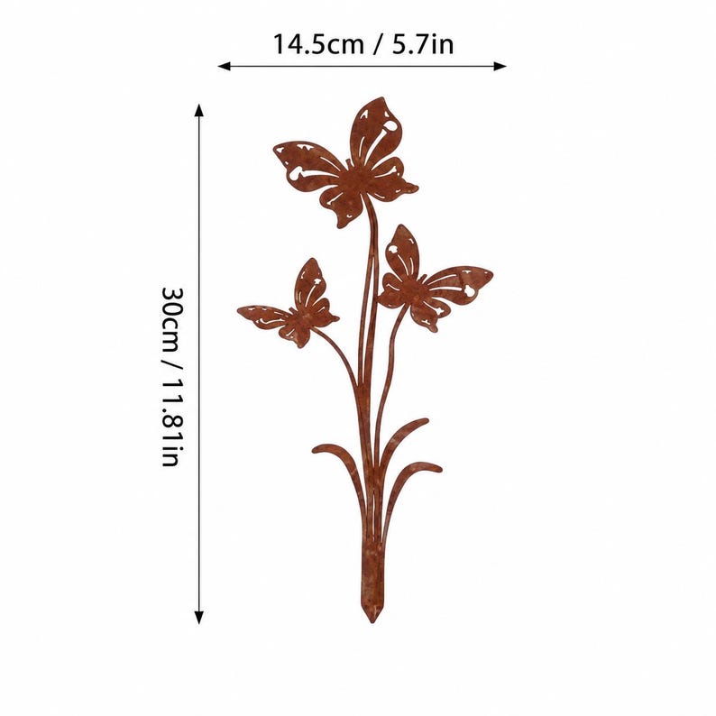 Piquet de jardin en métal corten avec 3 papillons, décoration extérieure rustique 30 cm