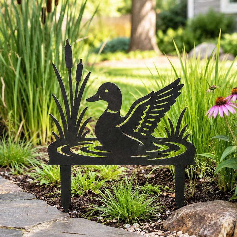 Pieu de jardin métallique canard étang, décoration silhouette quenouilles, accent de pelouse lac
