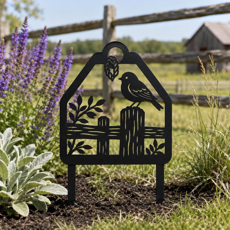 Piquet de jardin en métal, oiseau rustique sur clôture, décoration extérieure, ornement de ferme
