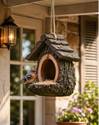 Mangeoire à oiseaux suspendue rustique 12 cm, cabane style écorce pour jardin, balcon, terrasse