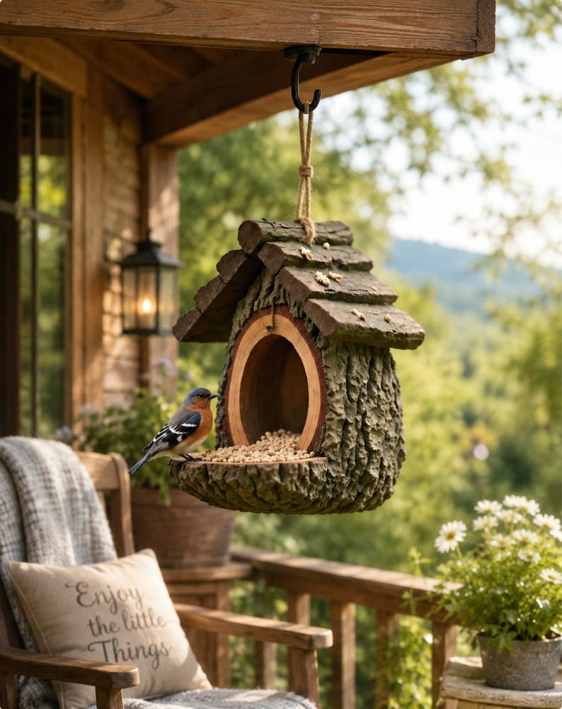 Mangeoire à oiseaux suspendue rustique 12 cm, cabane style écorce pour jardin, balcon, terrasse