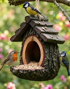 Mangeoire à oiseaux suspendue rustique 12 cm, cabane style écorce pour jardin, balcon, terrasse