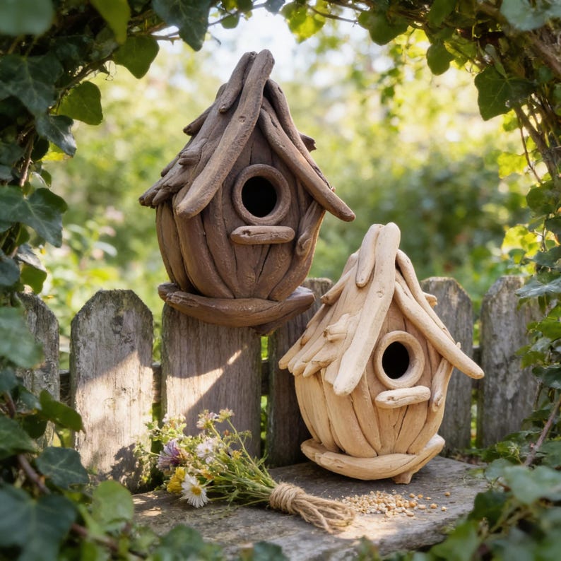 Cabane à oiseaux en bois flotté pour jardin | Texture réaliste | Résistante aux intempéries