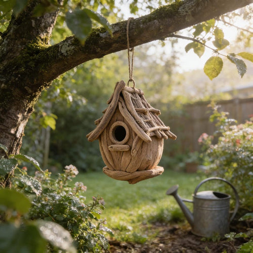 Cabane à oiseaux en bois flotté pour jardin | Texture réaliste | Résistante aux intempéries