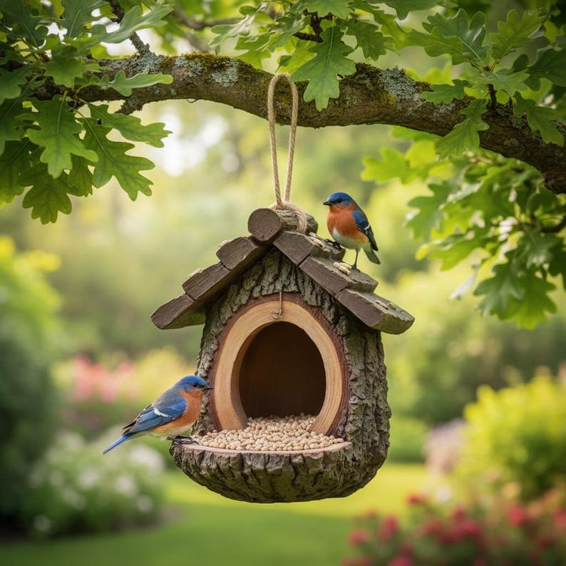 Mangeoire à oiseaux suspendue en résine, cabane dans les arbres, décoration de jardin boisé brun