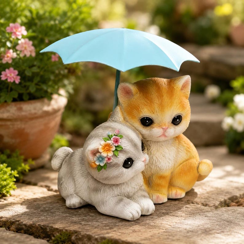 Figurine Couple de Chats Sous un Parapluie Bleu avec Couronne de Fleurs, Décoration Peinte à la Main