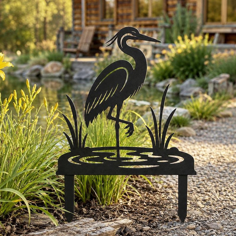 Pieu de jardin héron en métal, décoration de pelouse échassier pour jardin côtier