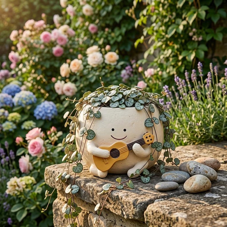 Smiley Face Guitar Planter - Resin Succulent Pot, Kawaii Indoor Outdoor Décor, 10x11 cm
