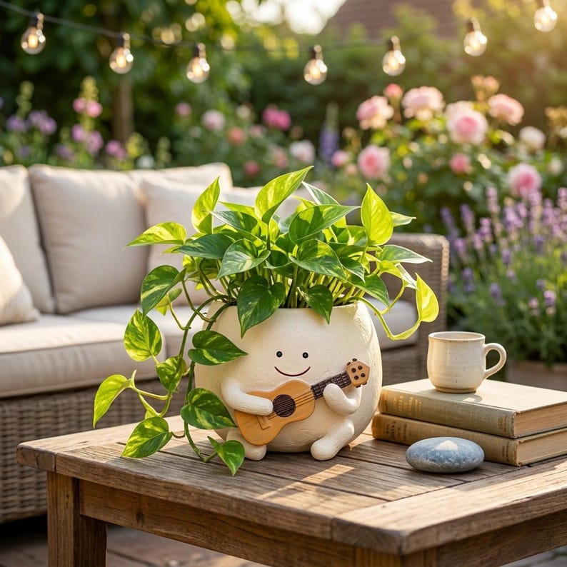 Smiley Face Guitar Planter - Resin Succulent Pot, Kawaii Indoor Outdoor Décor, 10x11 cm