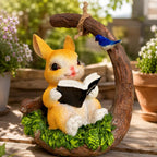Statue de lapin lecture avec oiseau bleu, Figurine fantaisiste jardin résine 18 cm