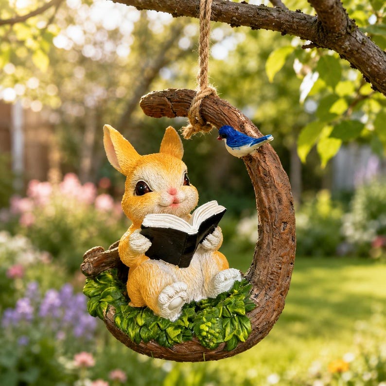 Statue de lapin lecture avec oiseau bleu, Figurine fantaisiste jardin résine 18 cm