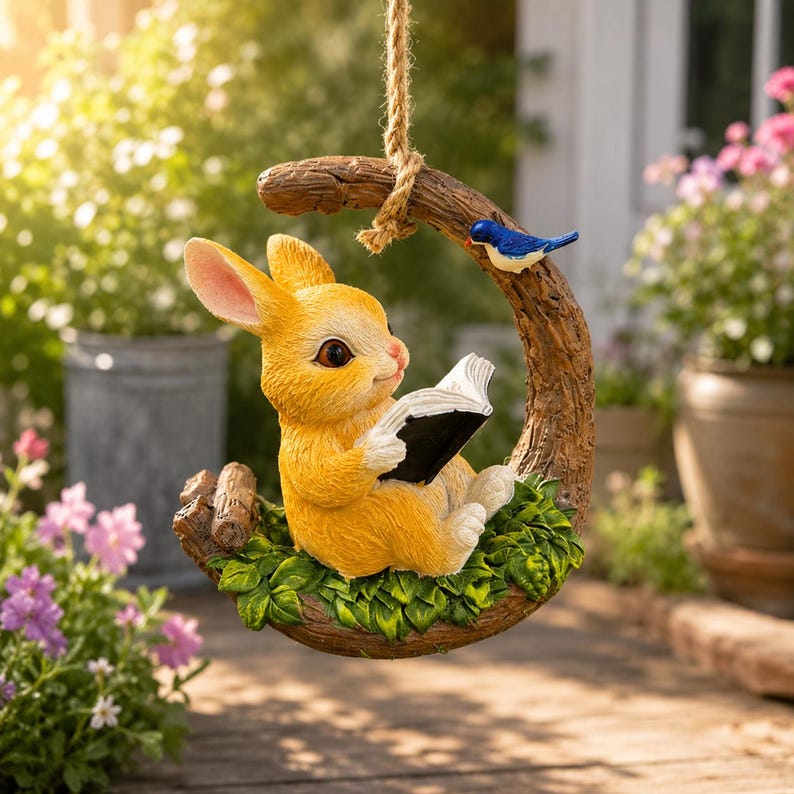 Statue de lapin lecture avec oiseau bleu, Figurine fantaisiste jardin résine 18 cm