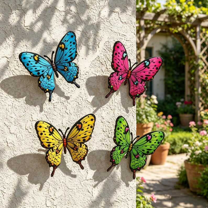 Ensemble de 4 papillons en métal coloré peint à la main, décoration murale extérieure, sculpture 2D pour jardin, clôture, patio