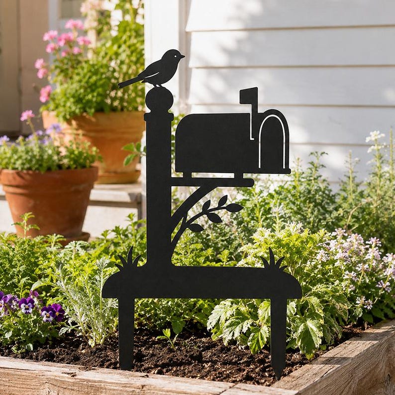 Piquet de jardin en métal noir silhouette boîte aux lettres oiseau perché branches feuillues