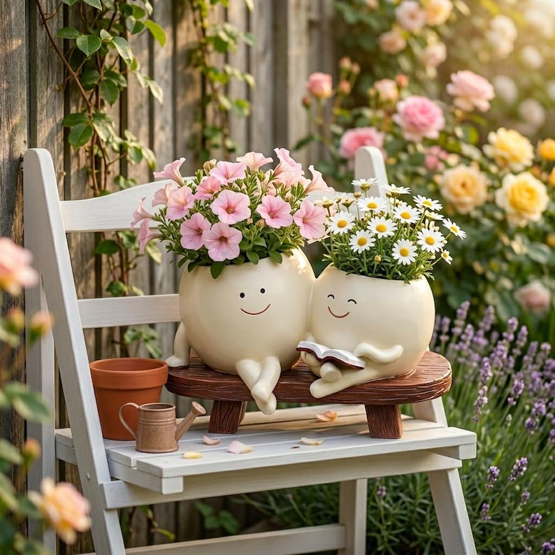 Duo de pots à visage souriant – Pot pour succulentes en résine pour maman et fille, cadeau jardin fantaisie, 18x12x11 cm