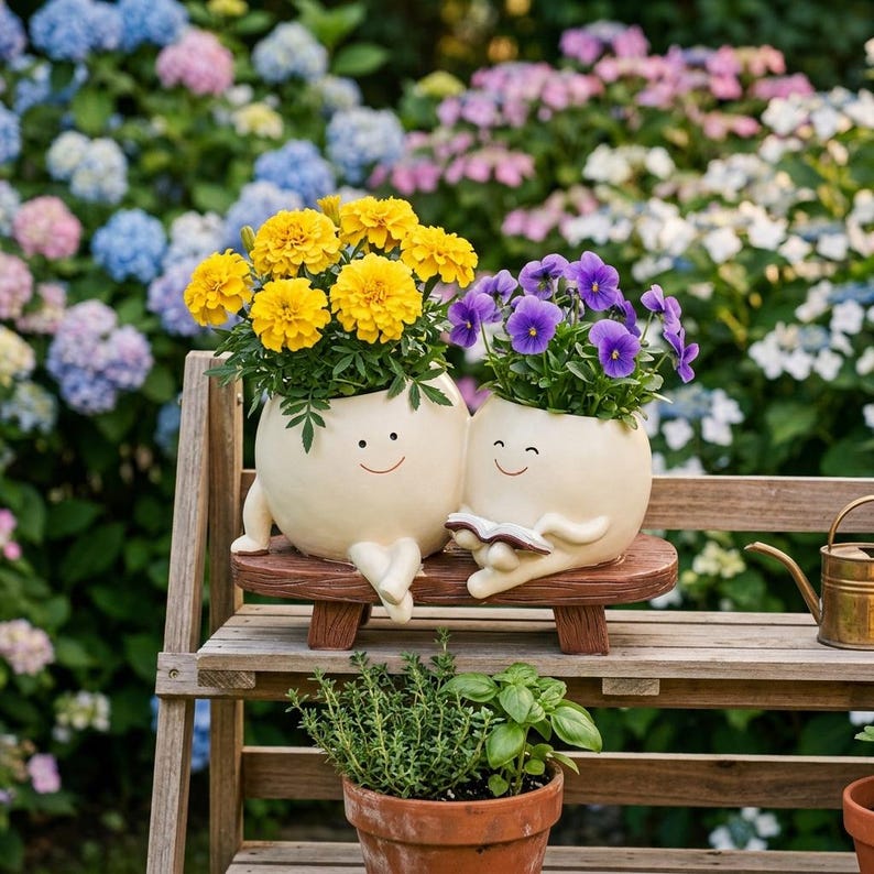 Duo de pots à visage souriant – Pot pour succulentes en résine pour maman et fille, cadeau jardin fantaisie, 18x12x11 cm