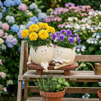Duo de pots à visage souriant – Pot pour succulentes en résine pour maman et fille, cadeau jardin fantaisie, 18x12x11 cm