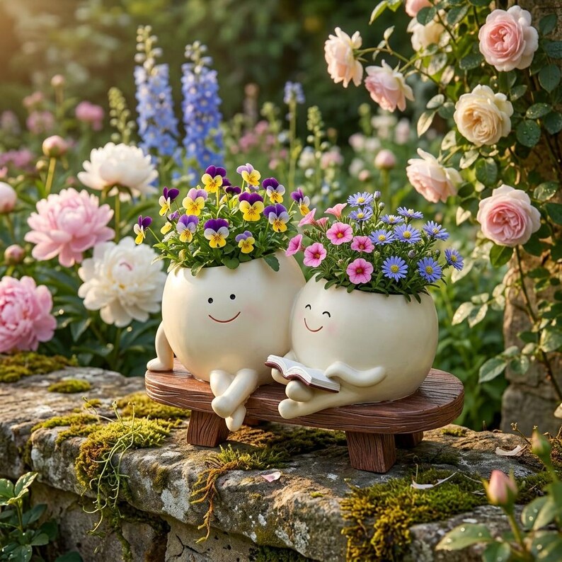 Duo de pots à visage souriant – Pot pour succulentes en résine pour maman et fille, cadeau jardin fantaisie, 18x12x11 cm