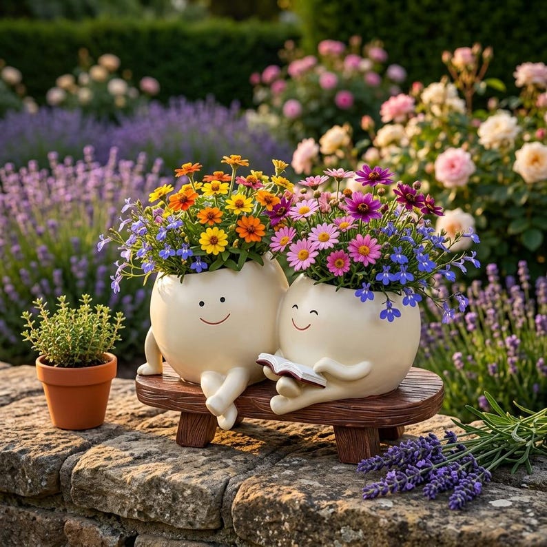 Duo de pots à visage souriant – Pot pour succulentes en résine pour maman et fille, cadeau jardin fantaisie, 18x12x11 cm