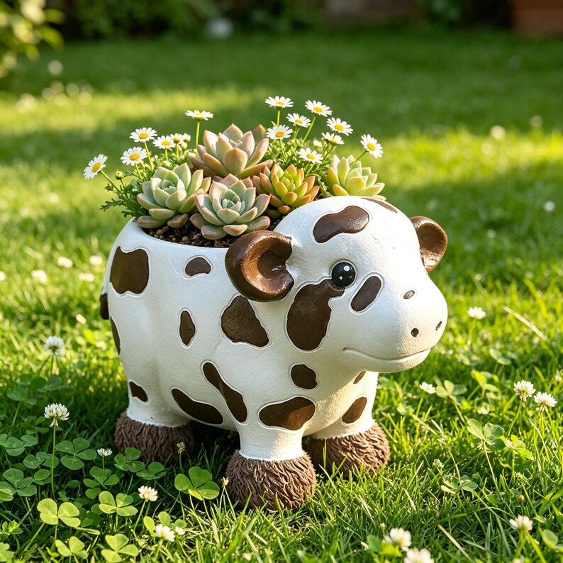 Resin Succulent Planter Spotted Cow Vintage Farm Home Rustic Yard Decor