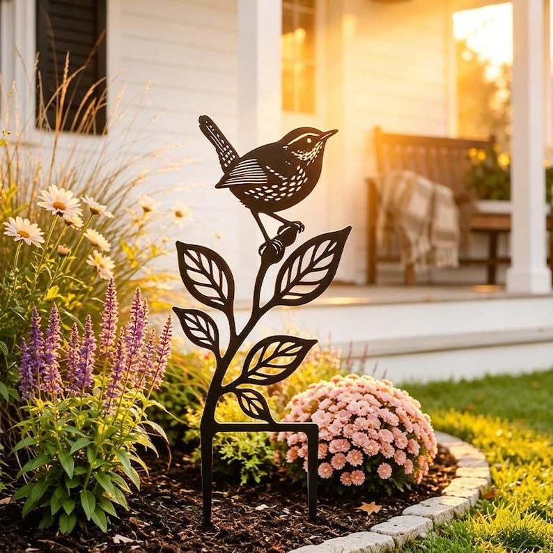 Piquet de jardin oiseau chanteur en métal noir, décoration extérieure silhouette