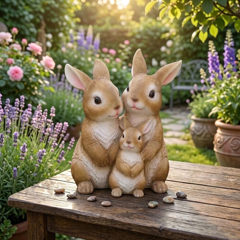 Statuette de jardin famille de lapins en résine, décoration extérieure style boisé, figurine peinte à la main pour patio et jardin