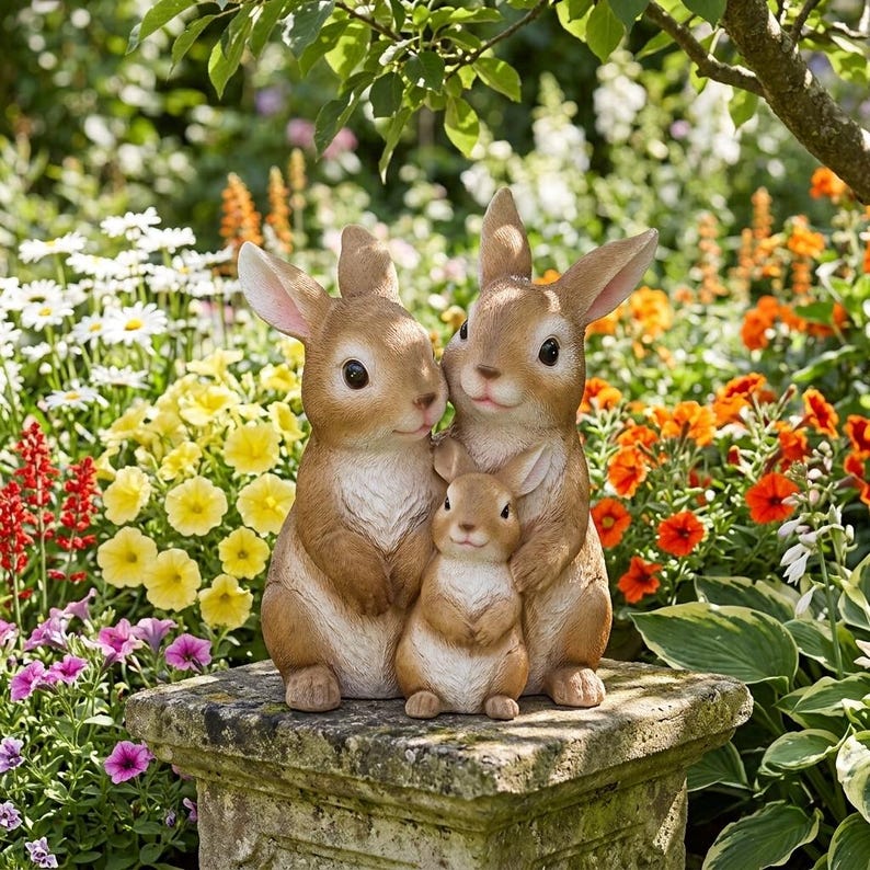 Statuette de jardin famille de lapins en résine, décoration extérieure style boisé, figurine peinte à la main pour patio et jardin