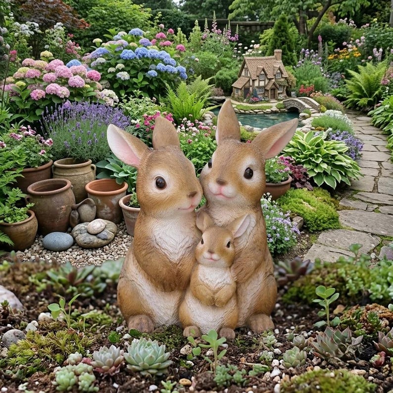 Statuette de jardin famille de lapins en résine, décoration extérieure style boisé, figurine peinte à la main pour patio et jardin