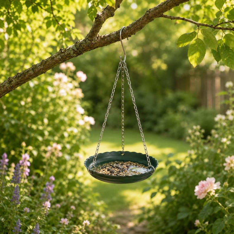 Plateau suspendu pour mangeoire à oiseaux, vert foncé à bord festonné, bol bain d'oiseaux de jardin, 16 cm