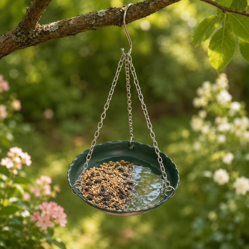 Plateau suspendu pour mangeoire à oiseaux, vert foncé à bord festonné, bol bain d'oiseaux de jardin, 16 cm