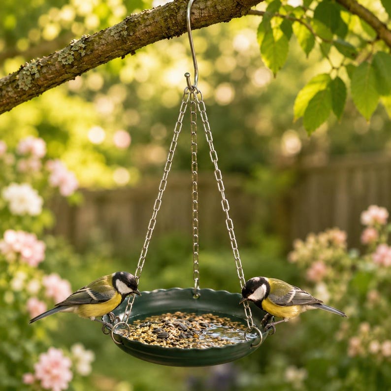 Plateau suspendu pour mangeoire à oiseaux, vert foncé à bord festonné, bol bain d'oiseaux de jardin, 16 cm