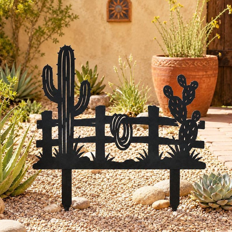 Metal Garden Stake with Saguaro Cactus and Rope Detail, Desert Yard Art, Southwestern Fence Garden Sign, Outdoor Decor for Garden Beds and Patios, 8-30 Inches
