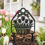 Piquet de jardin métal noir panier de tulipes, décoration florale printemps, 20-76 cm