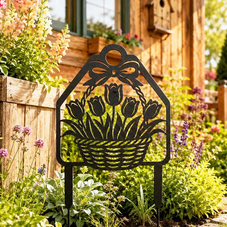 Piquet de jardin métal noir panier de tulipes, décoration florale printemps, 20-76 cm