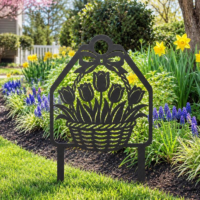 Piquet de jardin métal noir panier de tulipes, décoration florale printemps, 20-76 cm