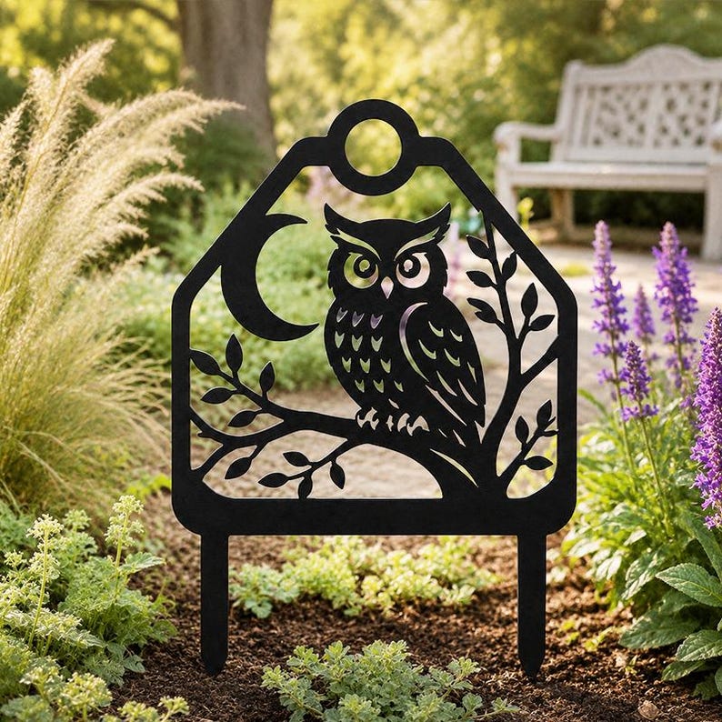 Piquet de jardin hibou lune en métal noir 8-30 pouces, décoration de pelouse boisée