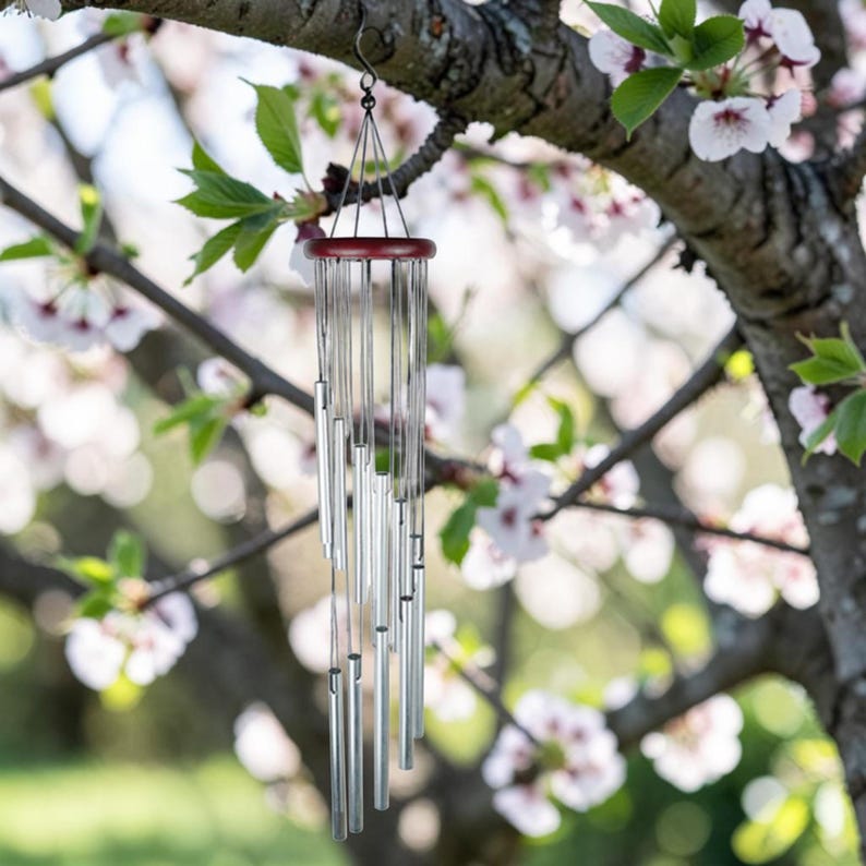 Carillon éolien en aluminium 12 tubes, or ou argent, extérieur jardin