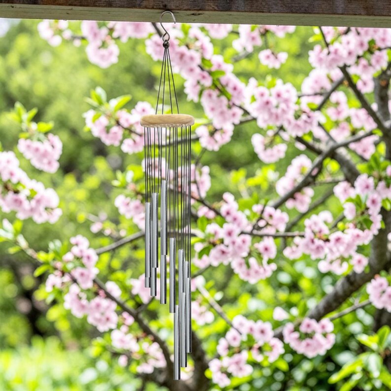 Carillon éolien en aluminium 12 tubes, or ou argent, extérieur jardin