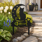Pieu de jardin en métal noir avec chat sur croissant de lune, décoration de pelouse fantaisiste, extérieur