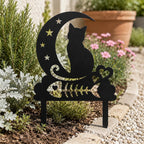 Pieu de jardin en métal noir avec chat sur croissant de lune, décoration de pelouse fantaisiste, extérieur