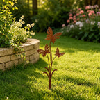Piquet de jardin en métal corten avec 3 papillons, décoration extérieure rustique 30 cm
