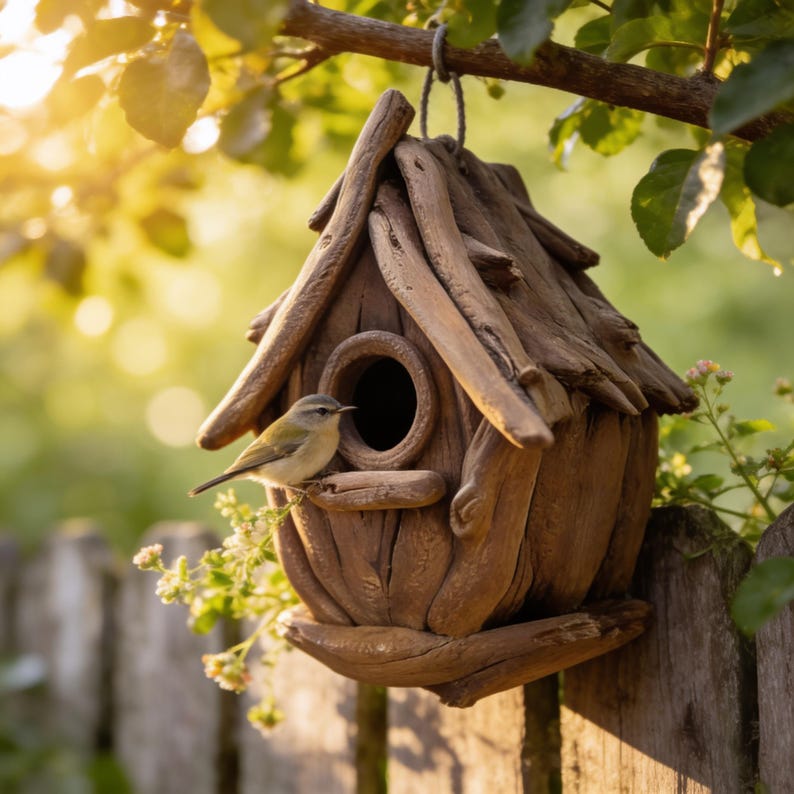 Cabane à oiseaux en bois flotté pour jardin | Texture réaliste | Résistante aux intempéries