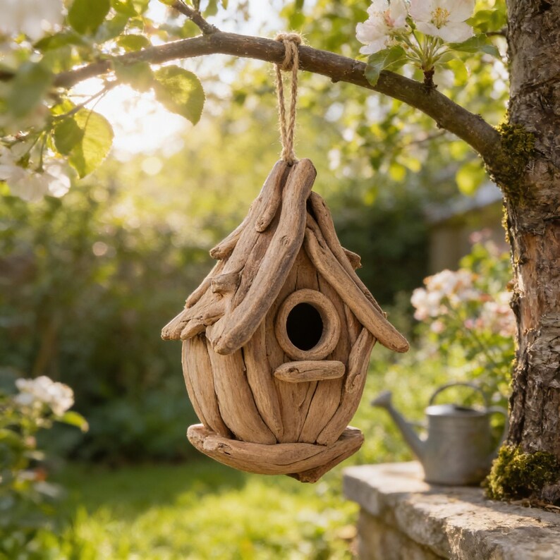 Cabane à oiseaux en bois flotté pour jardin | Texture réaliste | Résistante aux intempéries