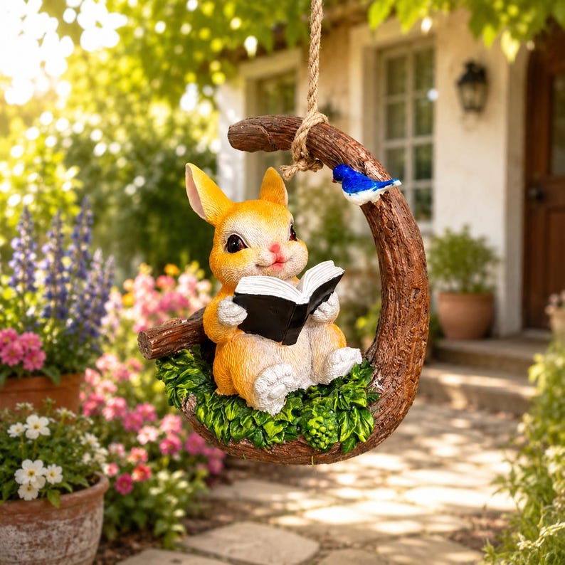 Statue de lapin lecture avec oiseau bleu, Figurine fantaisiste jardin résine 18 cm