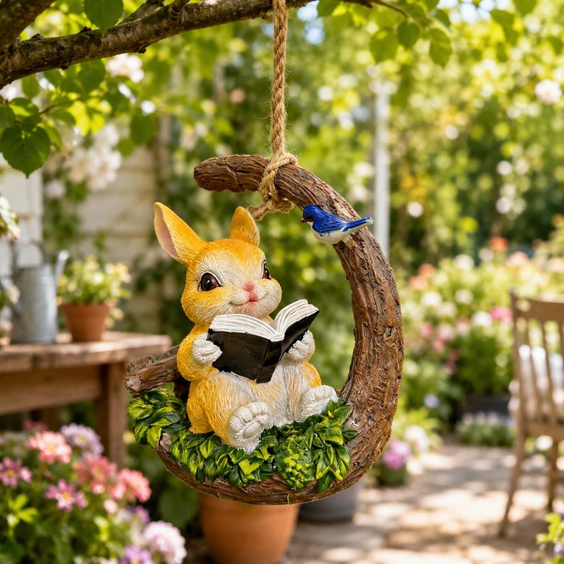 Statue de lapin lecture avec oiseau bleu, Figurine fantaisiste jardin résine 18 cm